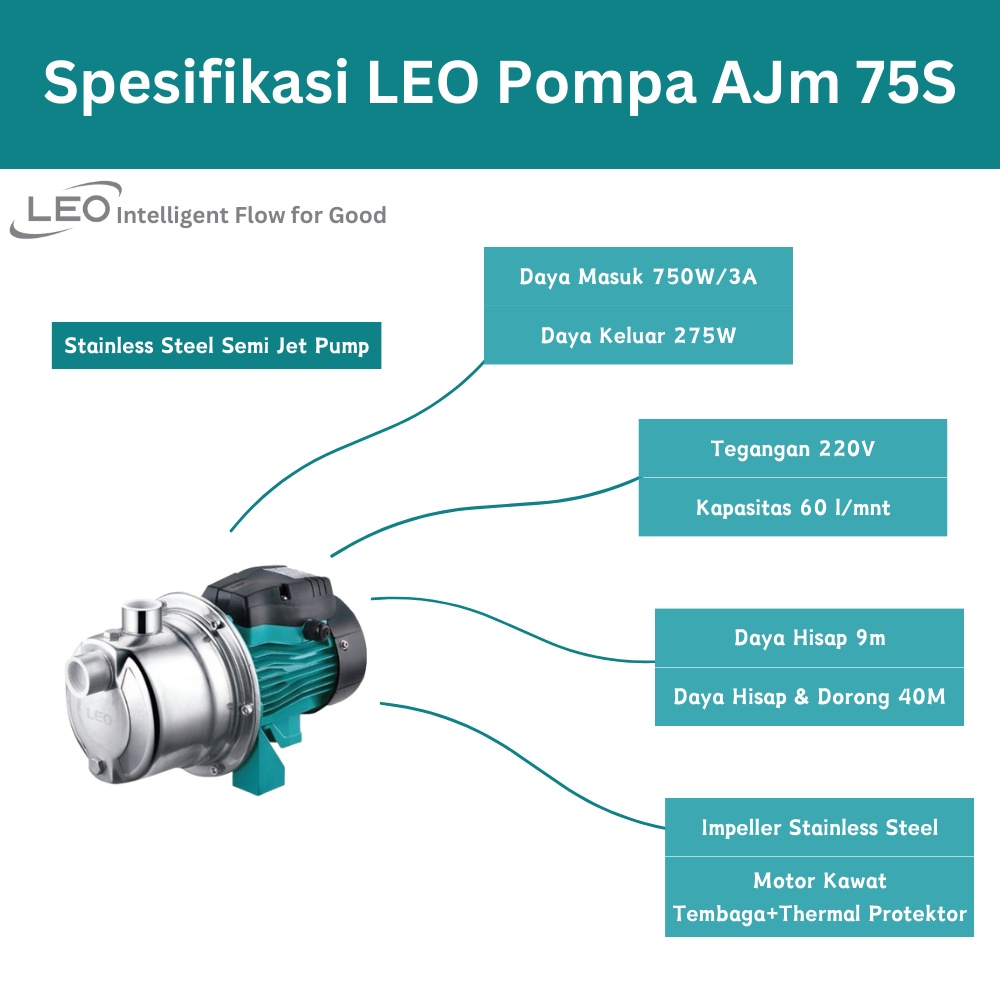 Pompa Air Semi Jet Stainless Steel Leo Pump AJm 75 S