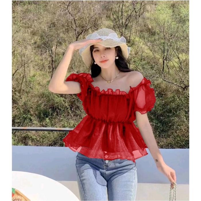 (TopSeries) Atasan Top Sabrina Korea Style Lengan Pendek / Pakaian Wanita Lengan Pendek Kerut Kaca