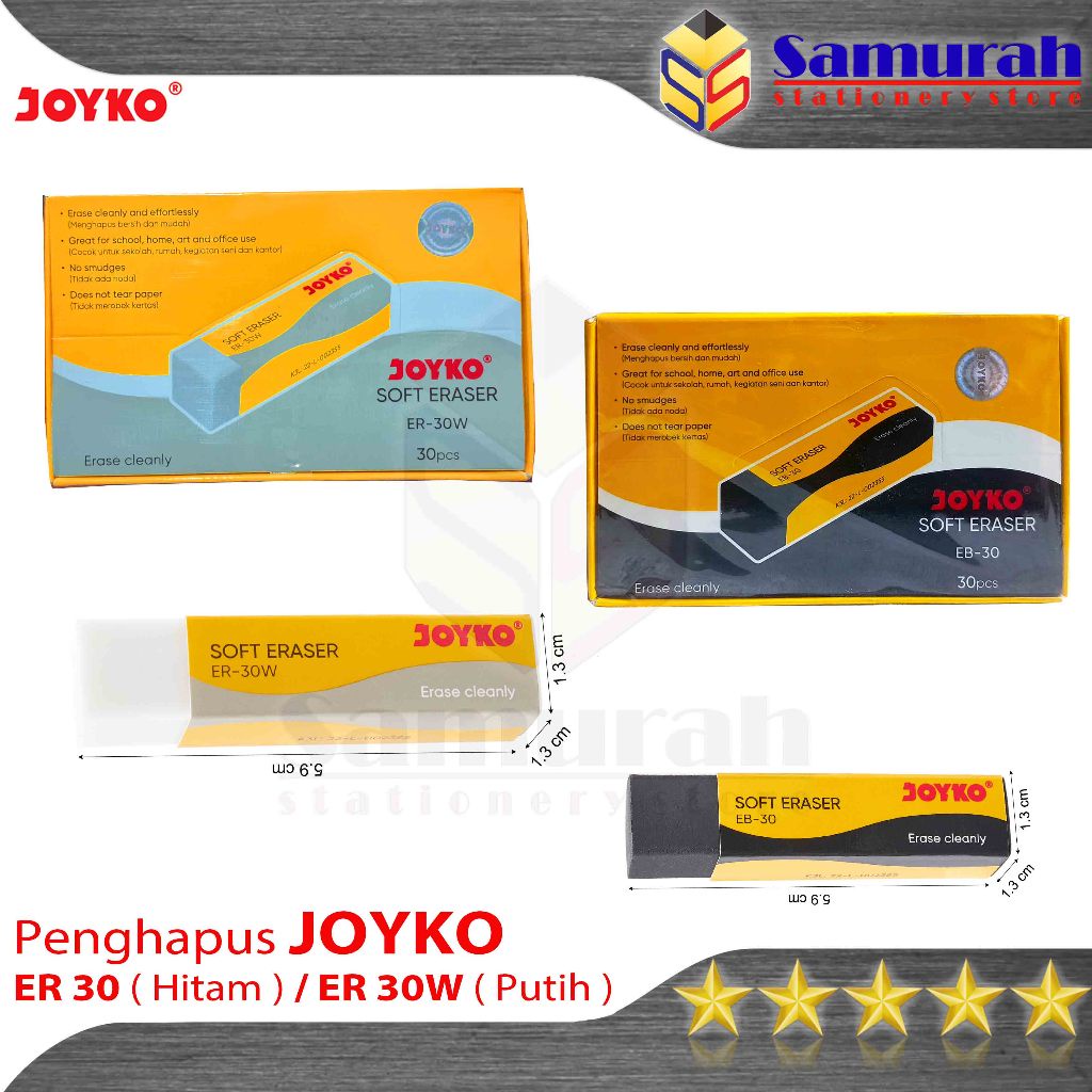 

Penghapus Pensil Joyko isi 30 Tanggung / Eraser EB 30 Hitam Black / ER 30 Putih White B 30 ( 1 Pak )