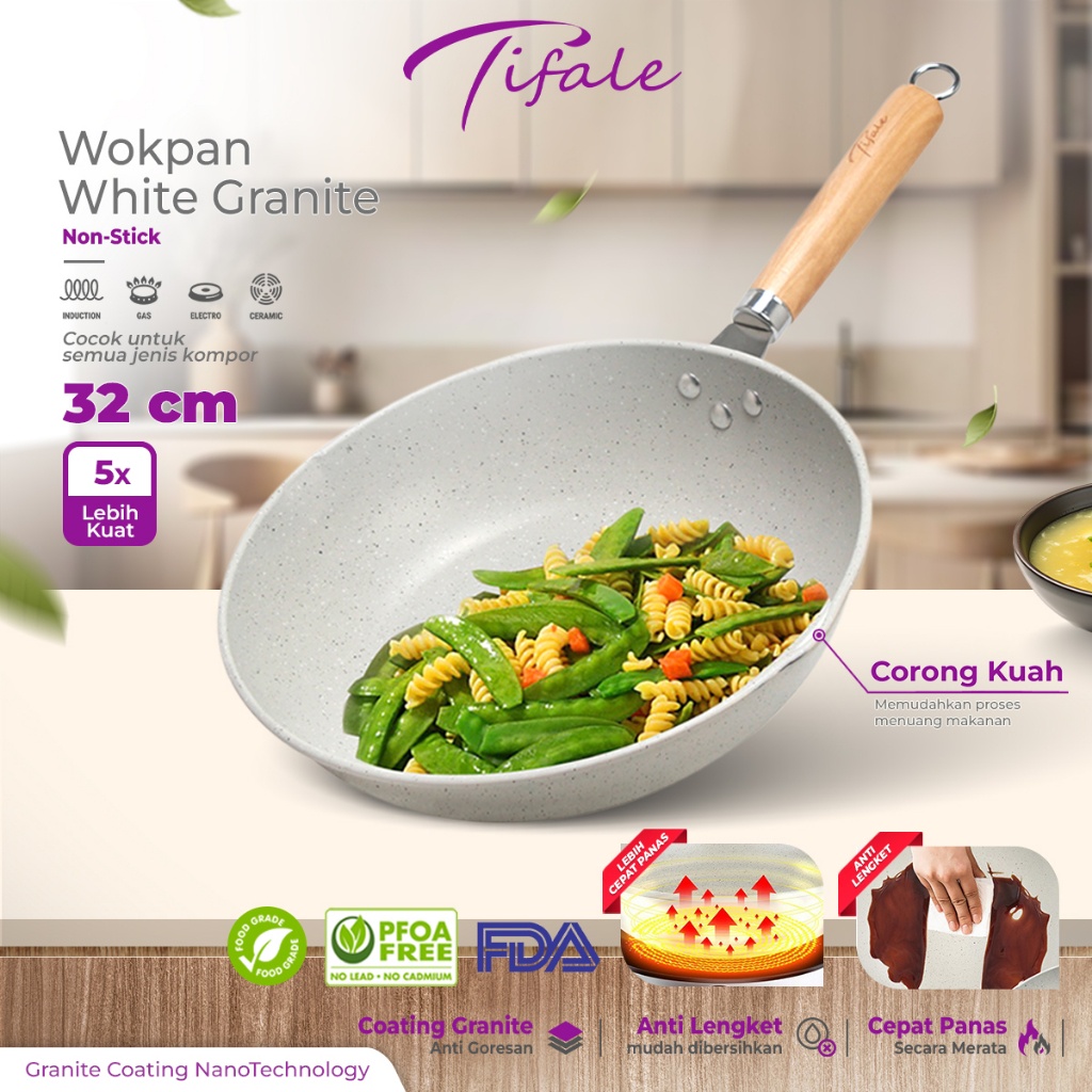 TIFALE WOKPAN WHITE GRANITE STAINLESS SERIES / WAJAN GRANIT PUTIH / WAJAN TEFLON PENGGORENGAN BATU