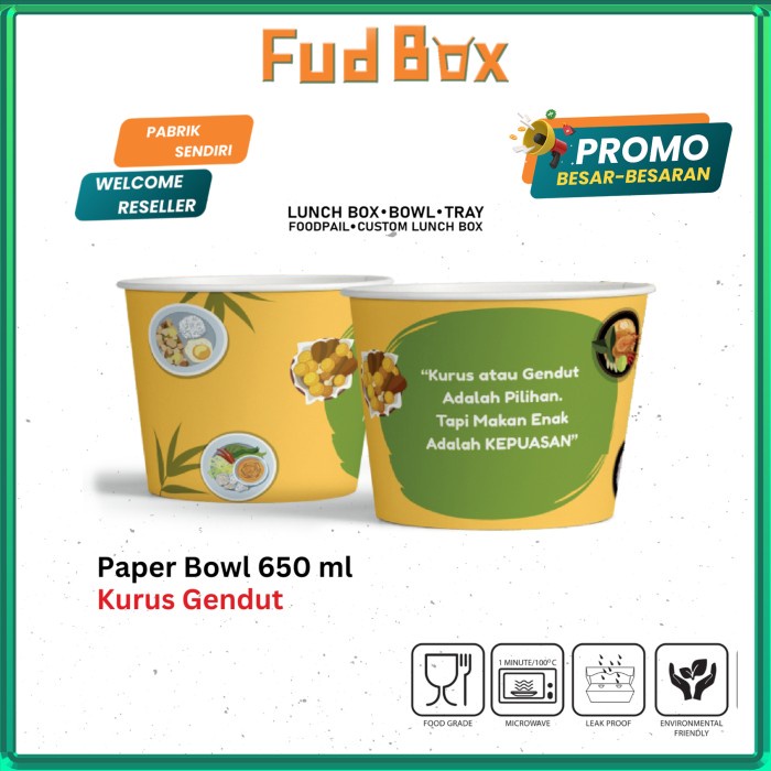 MacamKita- Paper Bowl Rice Bowl 650 ml Motif Kurus Gendut + Tutup