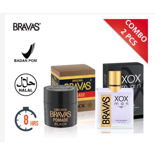 BUNDLE BRAVAS Pomade Brilliantine & Parfum Pria XOX Man COMBO 2 Pcs Halal BPOM