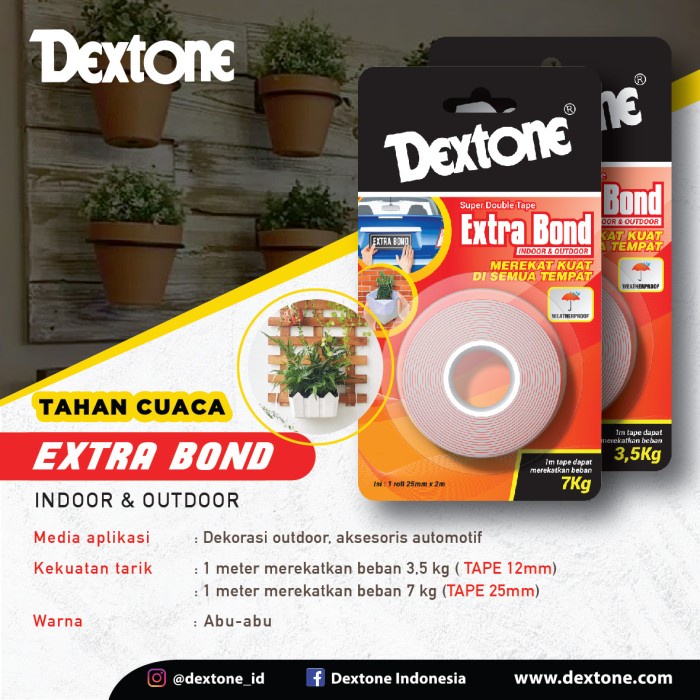 

Lem Double Tape Weather Proof Dextone Extrabond Merah 12mm dan 25 mm