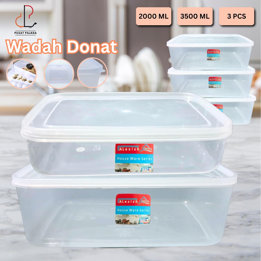 UM1 3 PCS Kotak Wadah Donat 900 1800 2 3 ML Tempat Kue Plastik Box Makanan Besar Food Container