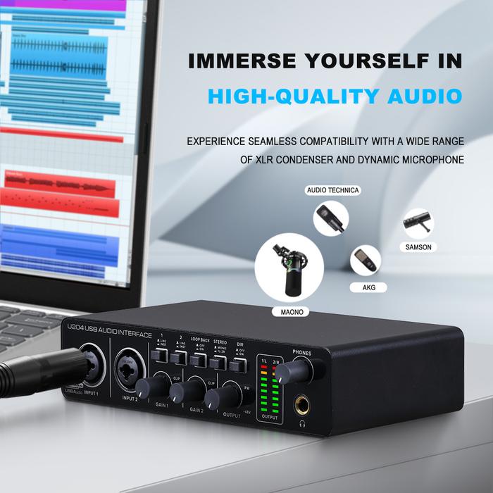 Ready BOMGE U204 USB Audio Interface for PC Computer Recording Music, 2x2 Guitar Audio Interface for