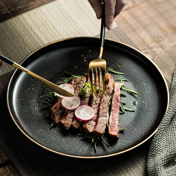 Black Matte Gold Plate Series / Piring Saji Makan Steak Keramik Hitam Matte Estetik Elegan Mewah