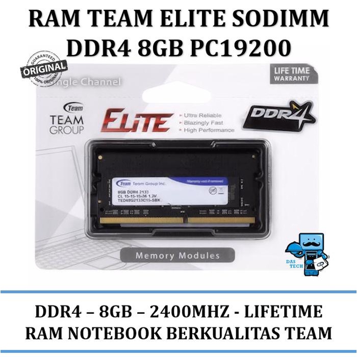 Memory Team Elite Sodimm Ddr4 2400Mhz 8Gb -Ted48G2400C16-Sbk Tersedia