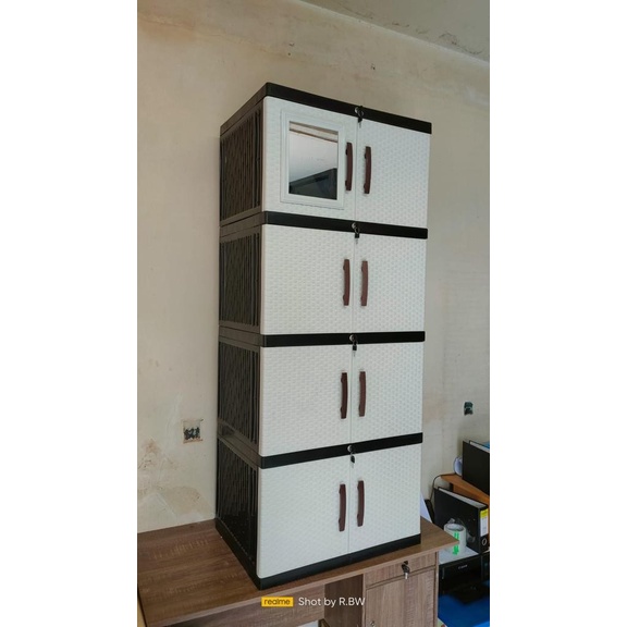 Lemari Plastik Jumbo Susun 4 Rotan Kaca Kunci Susun 3 cermin Kunci