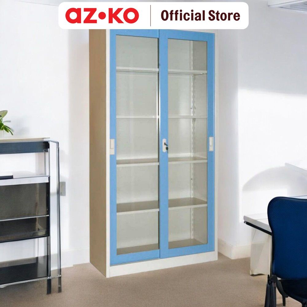 KRISBOW LEMARI ARSIP KANTOR BESI 2 PINTU KACA GESER - BIRU FILE CABINET LEMARI BESI KABINET TEMPAT