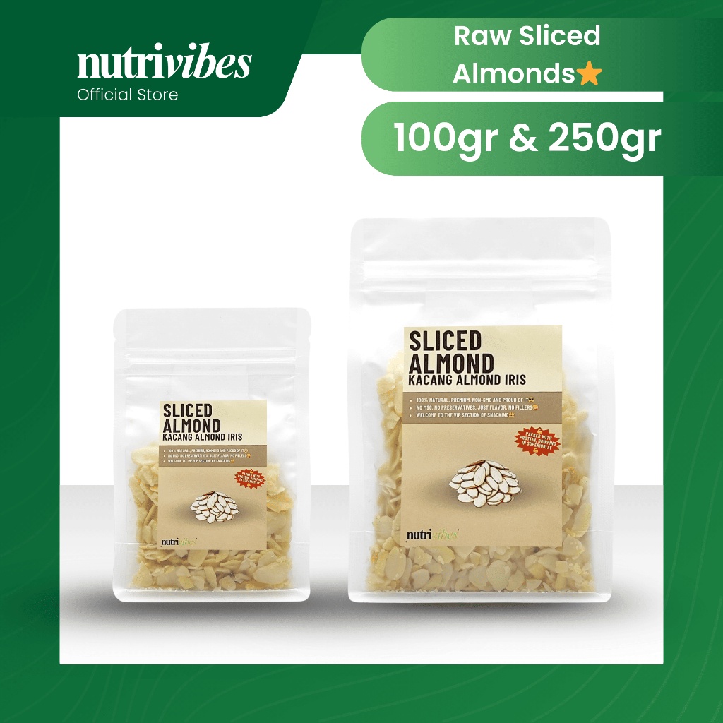 

Kacang Almond Iris Mentah / Raw Sliced Almond (Snack Pack 100gr & 250gr) - Nutrivibes