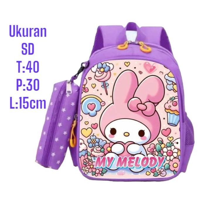 Cutix-Tas Anak Sekolah PAUD SD TK Perempuan Motif Kartun Lucu My Melody Warna Ungu Terbaru 2024