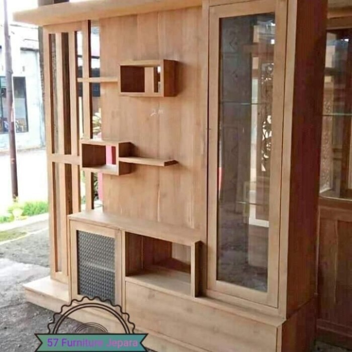 (TOP) LEMARI PARTISI 2 MUKA KAYU JATI MENTAHAN RAK PENYEKAT RUANGAN SIMPEL
