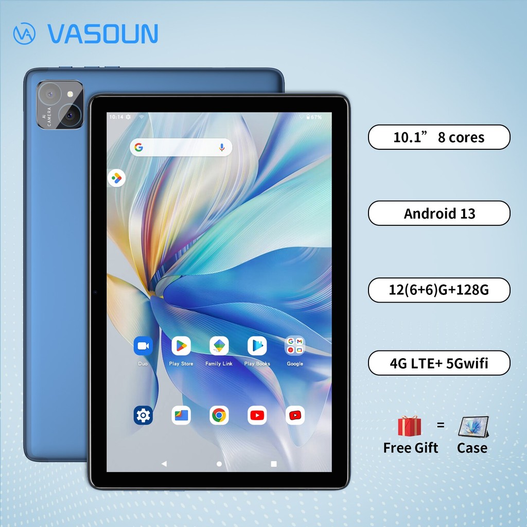 

Vasoun Android 14 Tablet 10.1", 12Gb(6+6 Expand) Ram, 128Gb Rom, Octa Core, Dual Sim 4G Unlocked