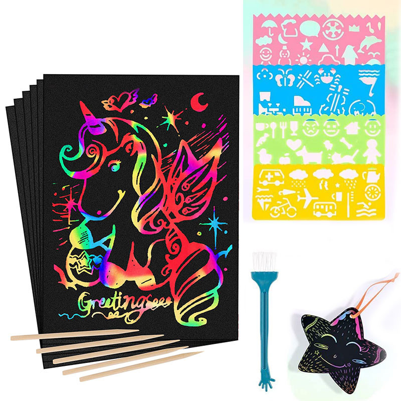 

16/60Pcs Scratch Paper Kids Rainbow Magic Scratch Off Paper Sheets Art Craft Kit Black Note Paper