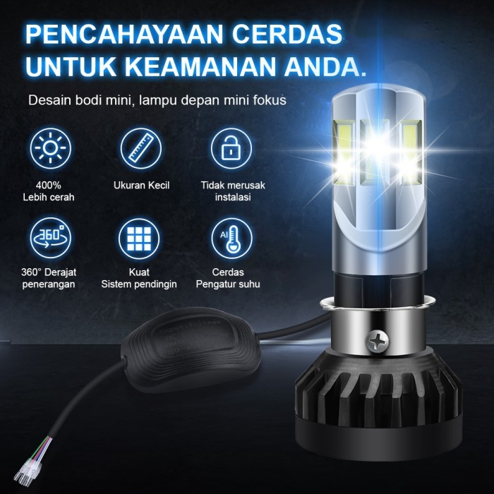 PREMIUM LAMPU LED MOTOR RTD 6 SISI / 3 SISI AC/DC KIPAS BOHLAM DOP LAMPU DEPAN