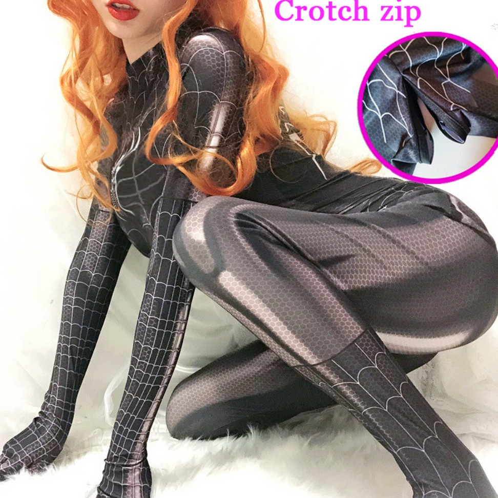Ready Cosplay Halloween Spiderwoman Bodysuit Wanita Kostum Spiderman Hitam Playsuits Jumpsuit