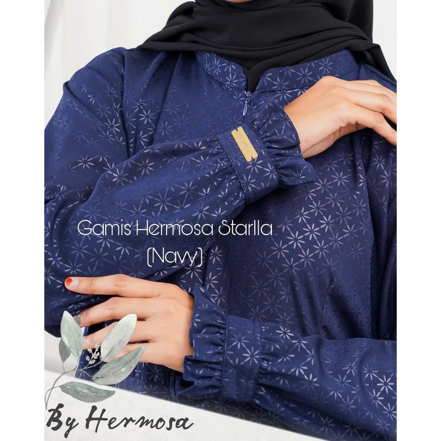 Layali- Gamis hermosa wolfis embos motif starla navy-gamis syari busui premium