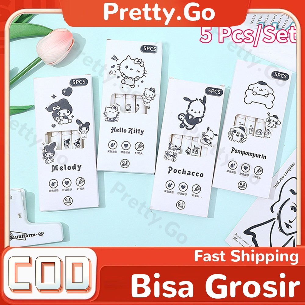 

UM1 5Pcs Pulpen Fancy Karakter Lucu Pen Gel Rectrable Pen Black 0.5mm Pulpen Minimalist