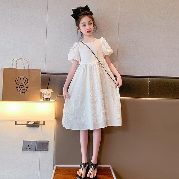 Dress Gaun Putih Polos Anak Remaja Perempuan Impor 4-15Tahun Terlaris