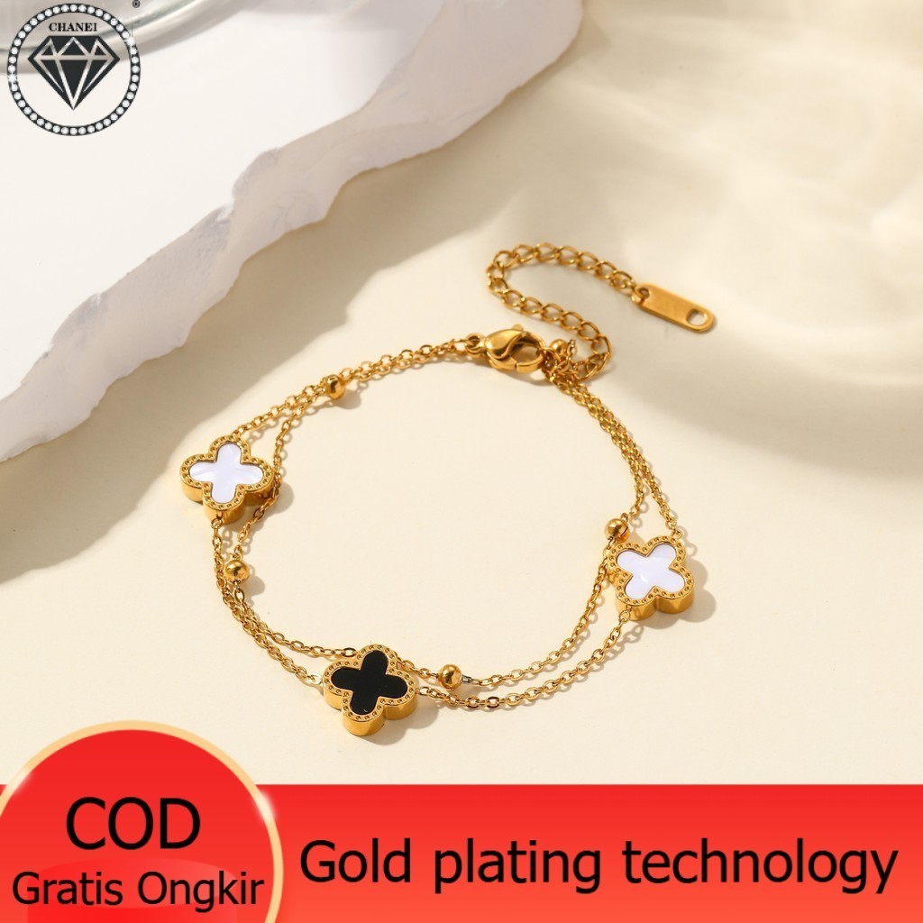 Gold Plated 24K Gelang Rantai Tangan Mata Hitam Baris Lima Clover Titanium Fashion Wanita Korea Dw05