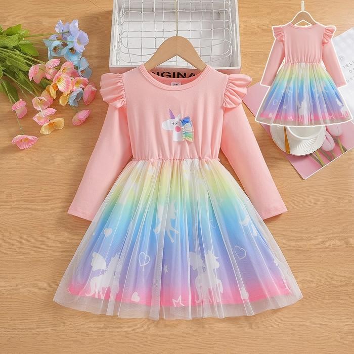 1-7 Tahun Gaun Gadis Unicorn Pakaian Anak Lengan Panjang Tetap Hangat Musim Semi Bayi Cotton Promo