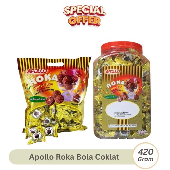 

Apollo Roka Wafer Ball Chocolate isi 70pcs 420gr Bag / Toples Wafer Bola Coklat Kacang