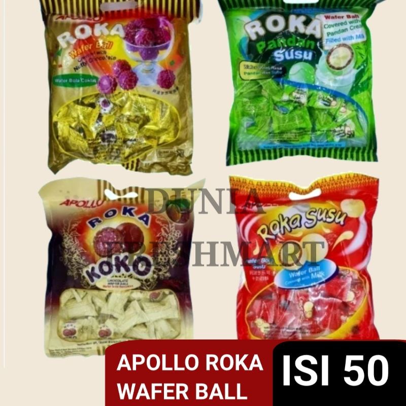 

Apollo Roka Wafer Ball 50s( (300gr/250gr)Original/Susu/Pandan/Koko APOLLO COKLAT Sneck Jadul Biskuit