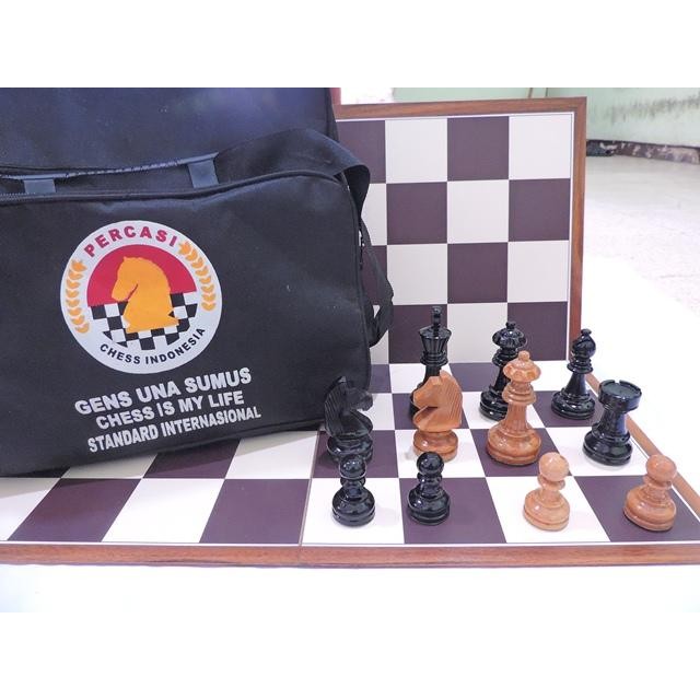 Catur Kayu Sawo Termurah + Papan Catur Lipat + Tas Catur Std Percasi