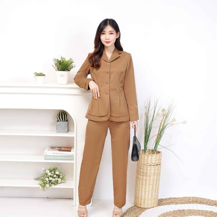 (Lynelle Collection)Jas Blazer Wanita Warna Khaky Tua / Pemda Aceh/Coklat Tua Stelan Celana Panjang