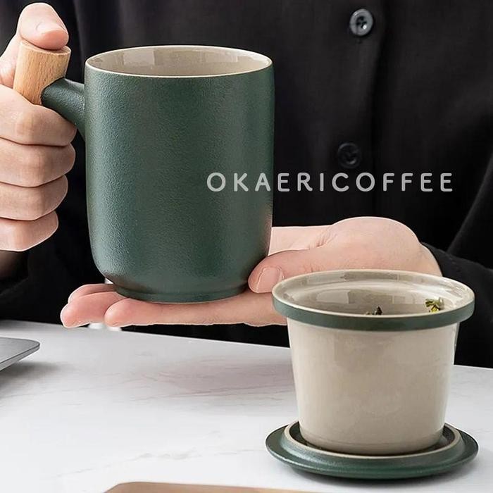 Ceramic Tea Infuser Cup + Lid / Gelas Mug Keramik + Saringan + Tutup