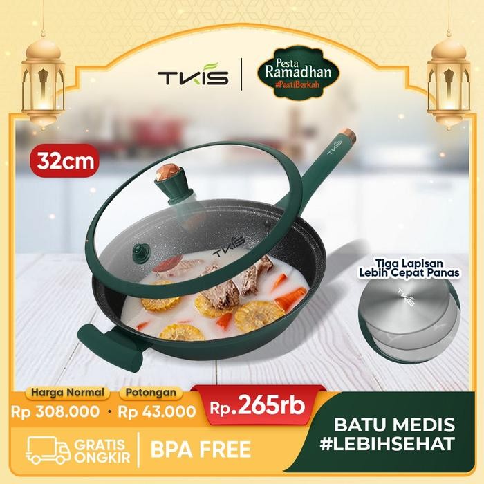 SS- Tkis Wajan Presto Batu Medis Warna Hijau Design Mewah Dengan Free Tutupan Wajan Ukuran