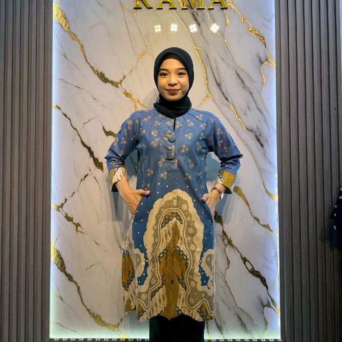 Nayya- Batik Tunik Abimanyu Blue Model Kancing Depan Full Kancing Sampai Bawah By Batik Rama