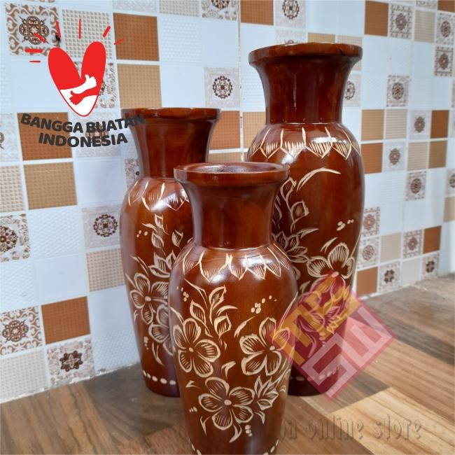 Bisa Set ( 3 Buah ) Vas Bunga Kayu Jati Model Guci Cukit / Ukiran Jepara / Kayu Jati/Packing Kardus