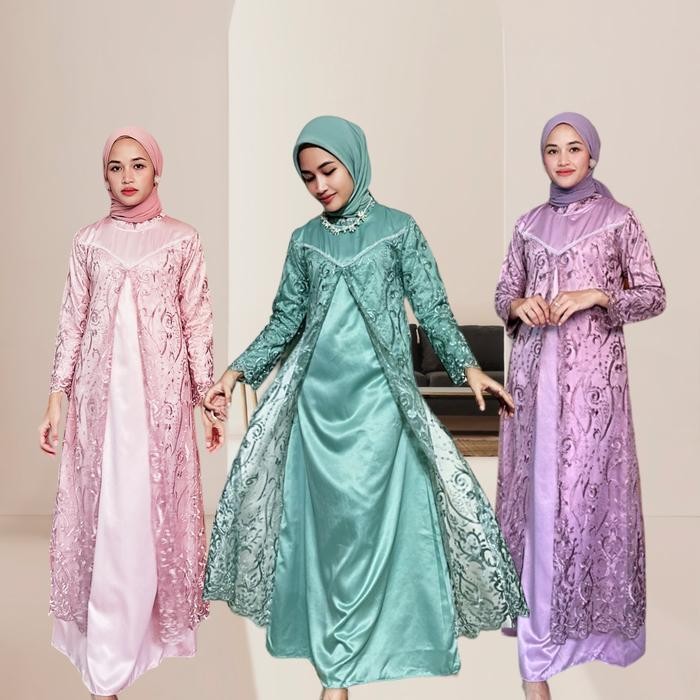 Zahra- Septiana Gamis Pesta Kondangan Brukat Tile Mutiara Motif Akar Kombinasi Satin Model
