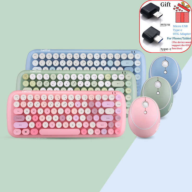 New Cute Wireless Keyboard Set Mixed Candy Color Round Keycap Typewriter Keyboard and Mouse Comb for