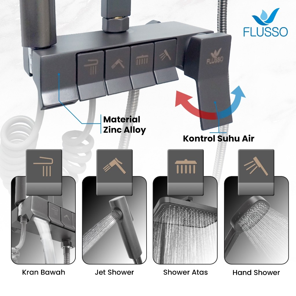 Flusso Set Shower Tiang Komplit Shower Column Kran Mixer Panas Dingin Hand Shower Mandi 919