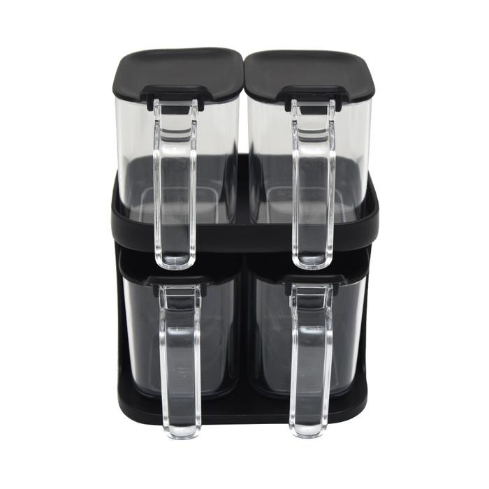 Informa Set 4 Pcs Clarence Tempat Bumbu Dapur Dengan Rak - Hitam Spice Jar Set Wadah Bumbu Dapur