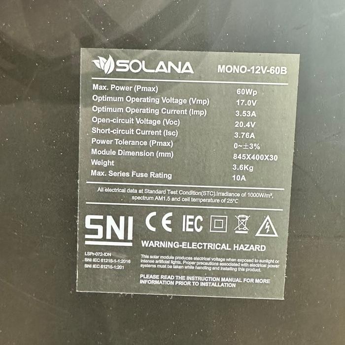 SOLAR PANEL SOLAR CELL PV MODUL 60WP MONOCRYSTALLINE SOLANA BLACK TERMURAH