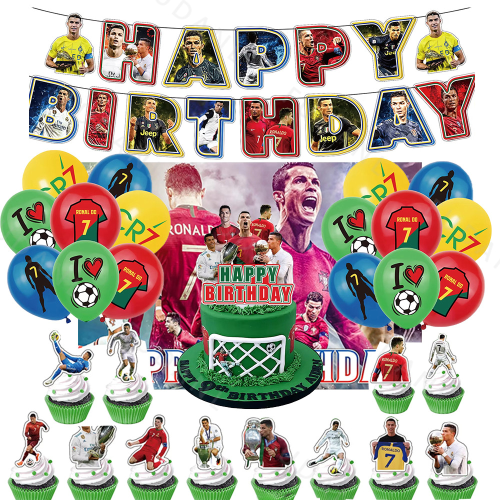 Ronaldo Football Theme Birthday Party Decoration Set Banner Cake Topper Balloon Backdrop For Kids