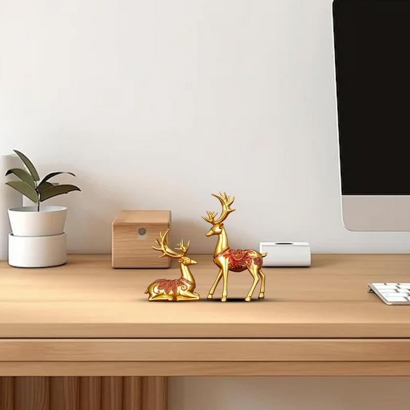 Resin Reindeer Figurines 2X Lucky Reindeer Figure Christmas Decoration Sitting And Standing Animal D
