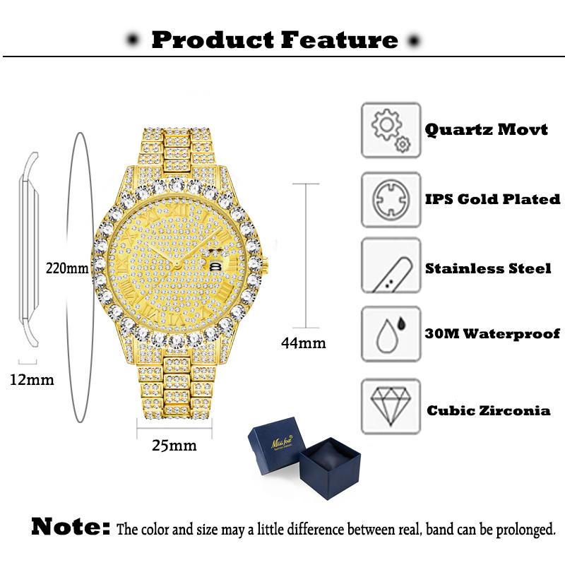 MISSFOX Top Hip Hop Men Watches Gold Diamond Bracelet Royal Japanese AAA Quartz Watch Numbers Luxury