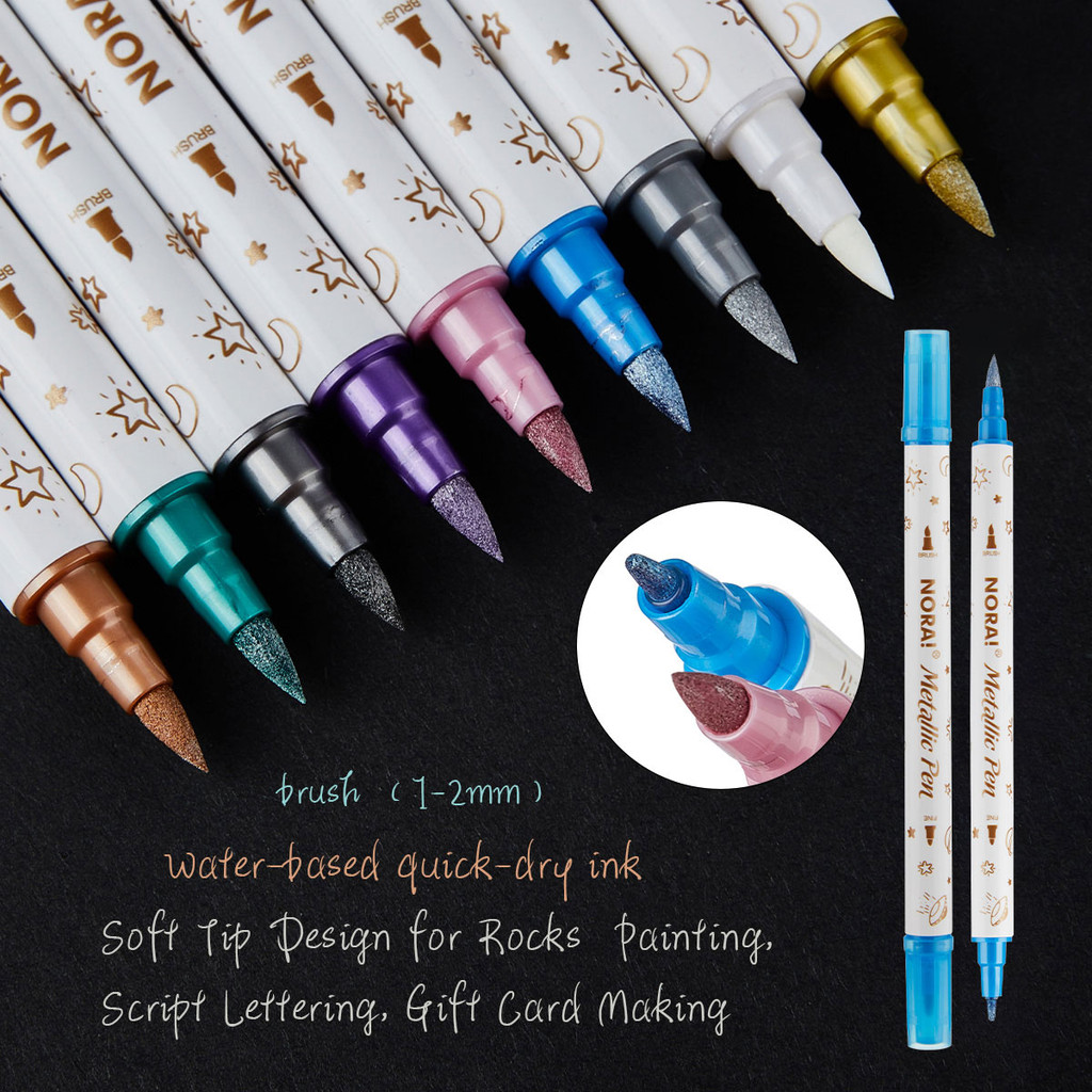 

10Pcs Dual Tip Metallic Glitter Markers - Fine & Brush Tips For Diy Albums, Scrapbooking,Ideal For