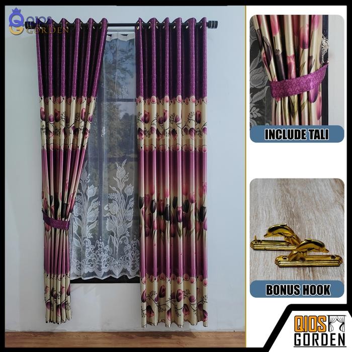 ..... Gorden Tirai Blackout Import Embosh Motif Bunga Tulip Ungu Smokering
