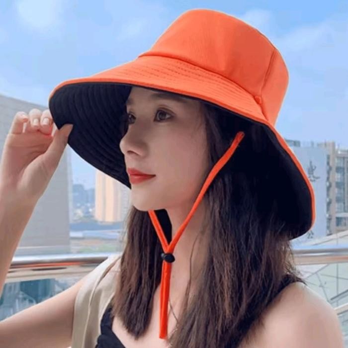 Capbro- Topi Bucket Wide Wanita Bertali Bucket Dewasa Bertali Bolak Balik 2 Warna