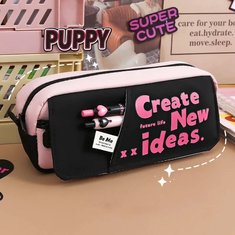 

1 Piece Sweet American Style Pencil Case For Girl Black Pink Color Fashion Pencil Pouch Large
