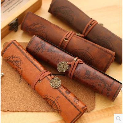 

Vintage Canvas Leather High Capacity Roll Pencil Bag Potter Creative Treasure Map Cute Pencil Case