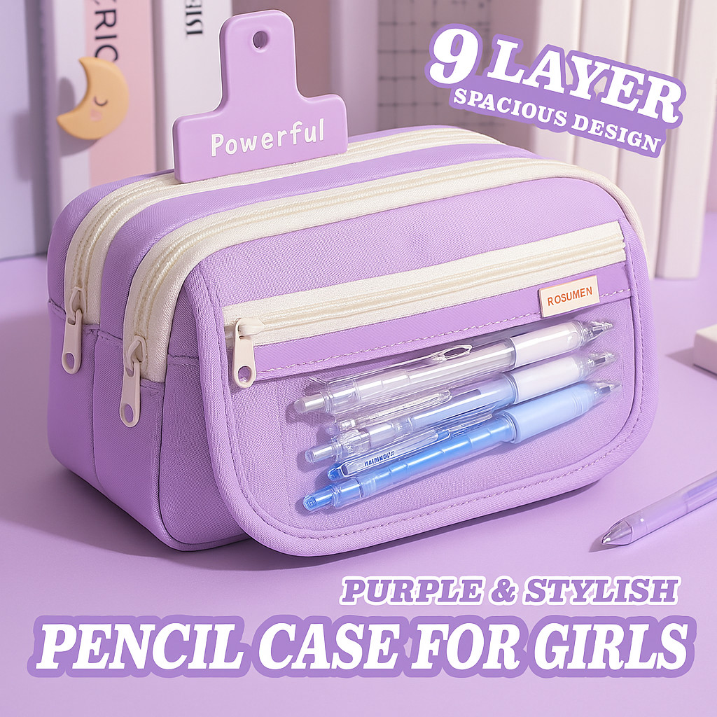 

Purple Pencil Case Large Capacity 3 Compartments School Pencils Bag Zipper Pen Pouch Back To School