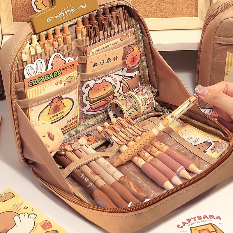 

Large Capacity Kawaii Capybara Multi Layered Stationery Bag Cartoon Cute Pencil Case Simple Cosmetic