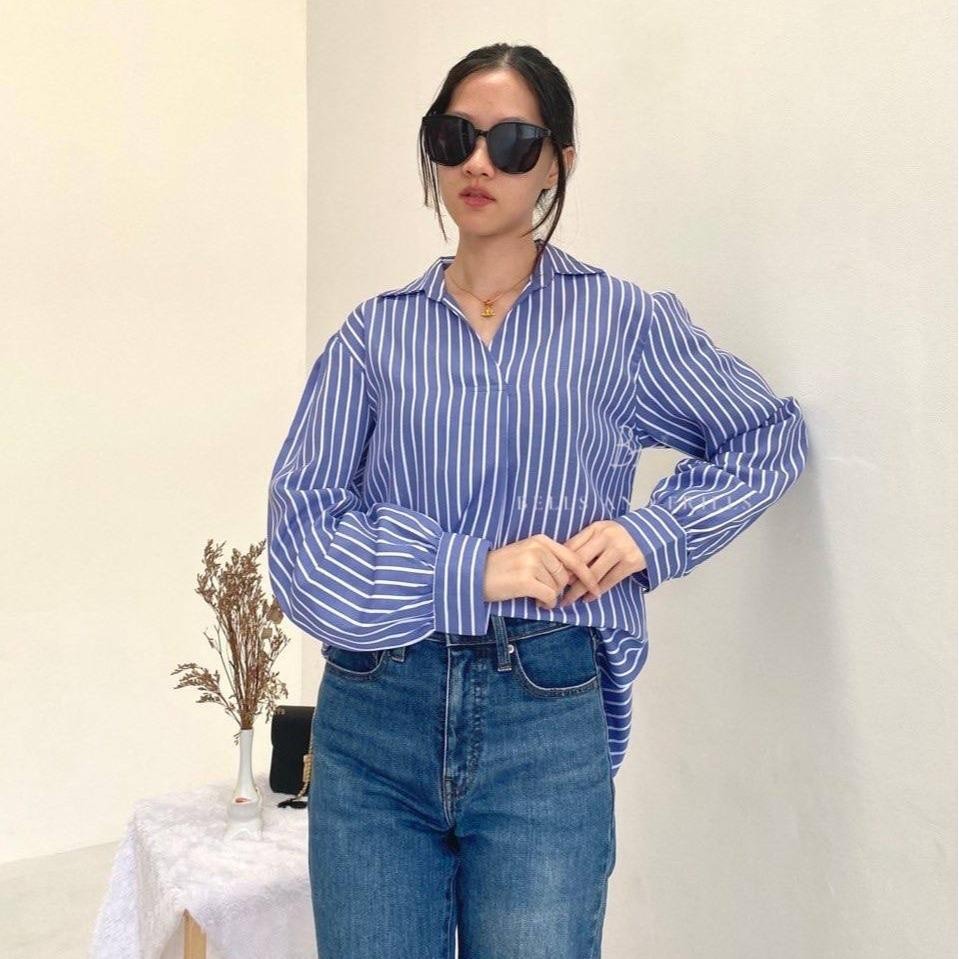 [READYY] VIOLETA Kemeja Stripes Salur / Blouse Wanita Cotton Casual Look / Atasan Kemaja Kantor
