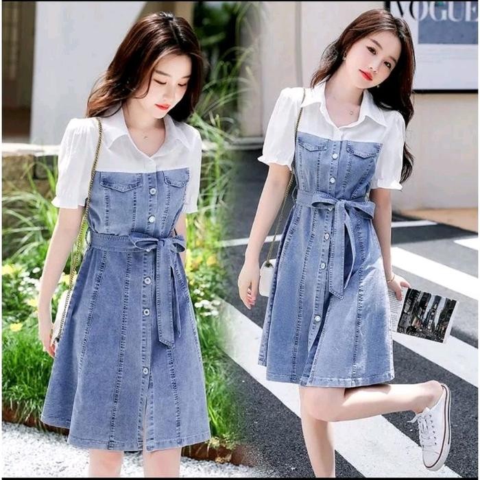 Blumjean- Overall Denim Jeans Outer Mini Dress Baju Wanita Kancing Jumper Import Korea